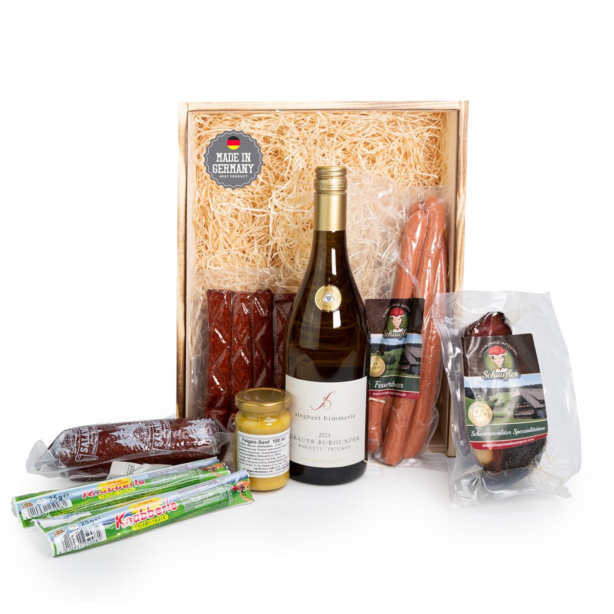 Schwarzwald Holzkiste - Wein in Holz-Kiste mit Wurst und Schinkenspezialitäten - 7-teilig
