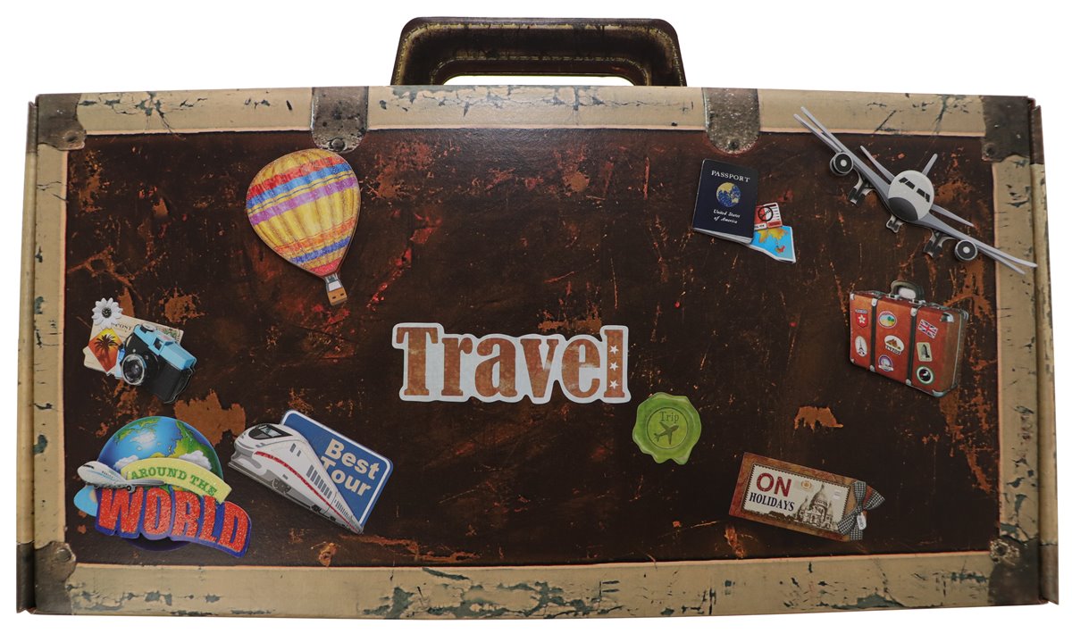 Trage Karton in Holzoptik "Koffer mit Stickerset" - WK 2er - Geschenk - Gepäckaufkleber - Sticker - Reise 
