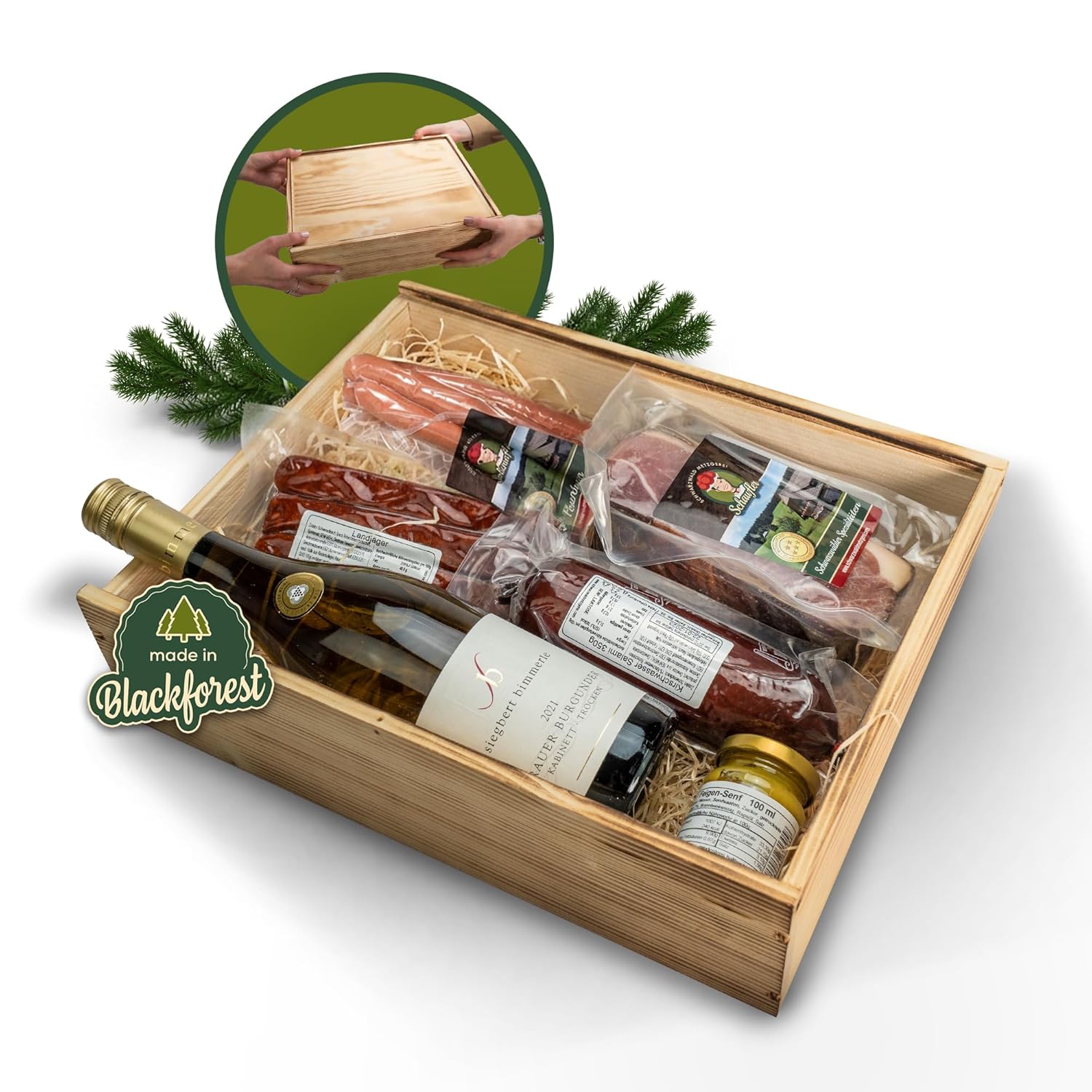 Schwarzwald Holzkiste - Wein in Holz-Kiste mit Wurst und Schinkenspezialitäten - 7-teilig