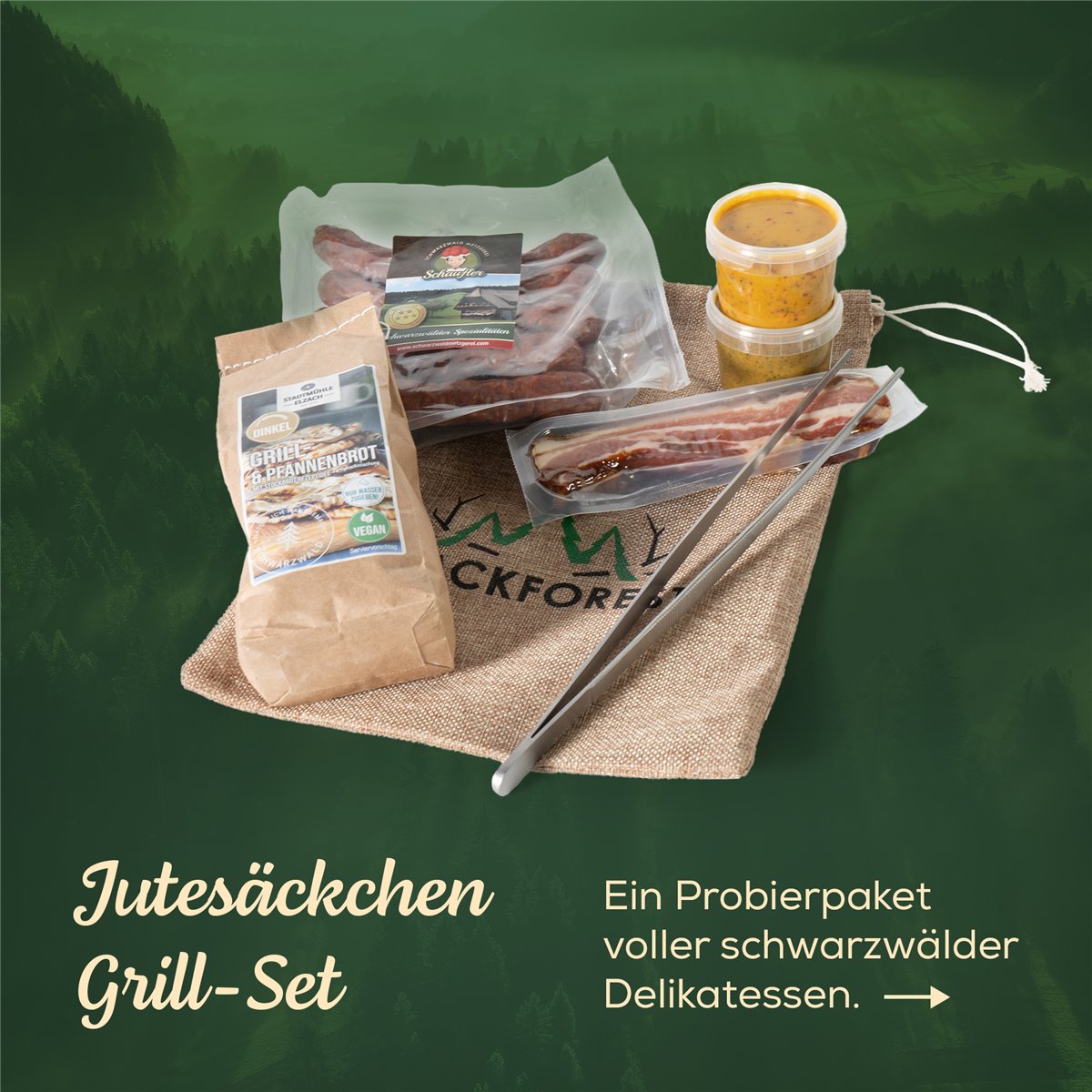 Grill-Set im Jutesäckle – 7-teiliger Präsentkorb mit Grillzange, Dips & herzhaften Spezialitäten
