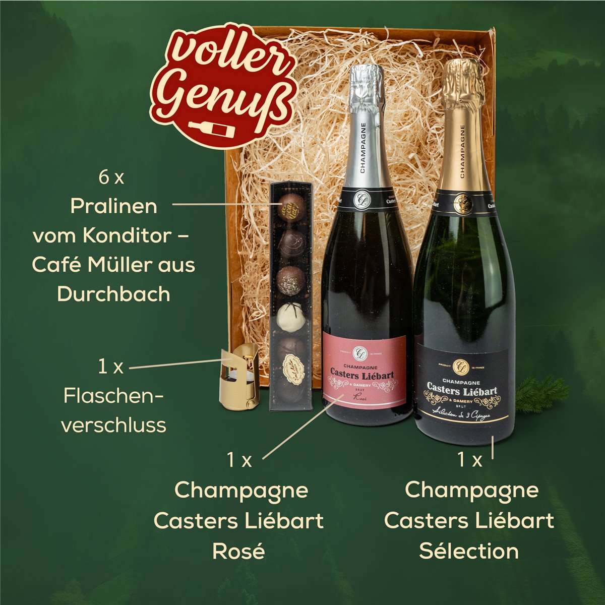 DUO CHAMPAGNER - Geschenkkorb mit Schokolade in edler GOLD Magnetbox 

