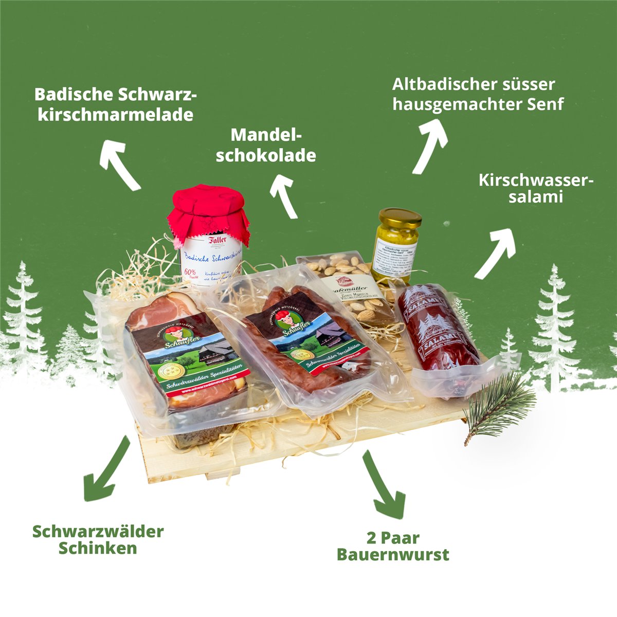 Schwarzwald Metzgerei "MARIE" Präsentkorb - Würsten, Marmelade, Senf, Schokolade, Schinken und Salami - 6 teilig
