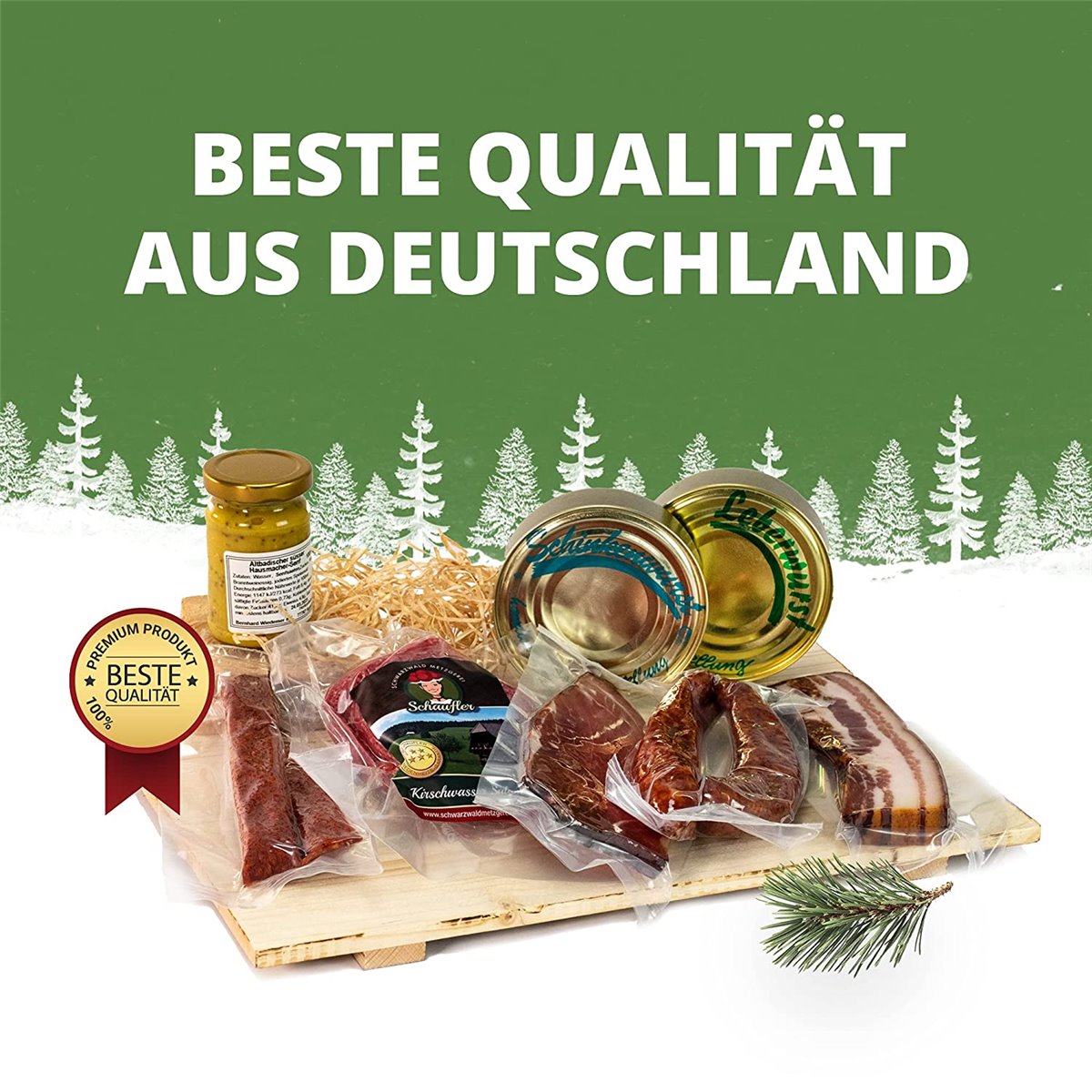 Geschenkkorb – im Leinentäschle – 8-teiliger Präsentkorb mit leckeren & herzhaften Wurstspezialitäten
