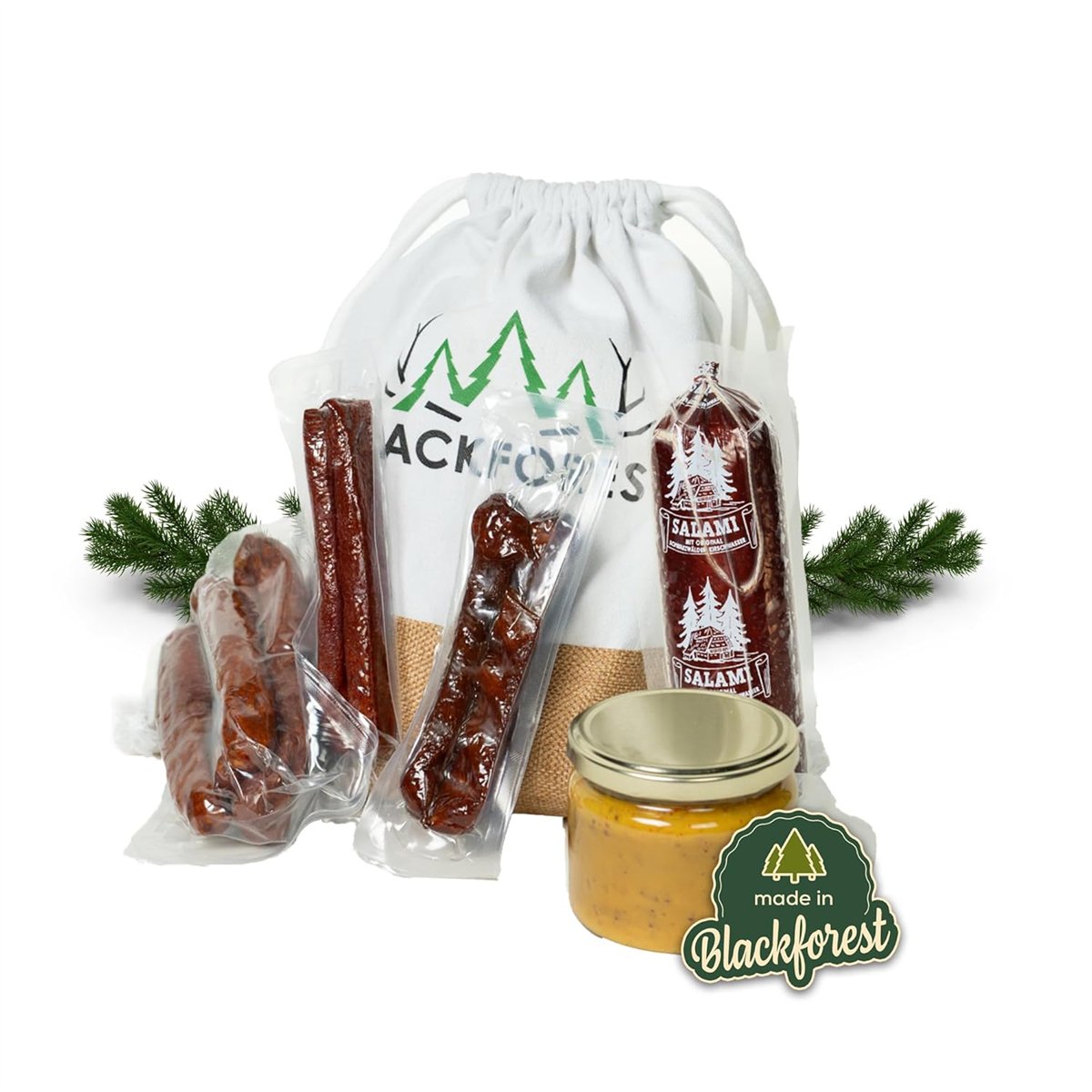 Camping Bag – 6-teiliger Präsentkorb mit Dip & herzhaften Wurstspezialitäten
