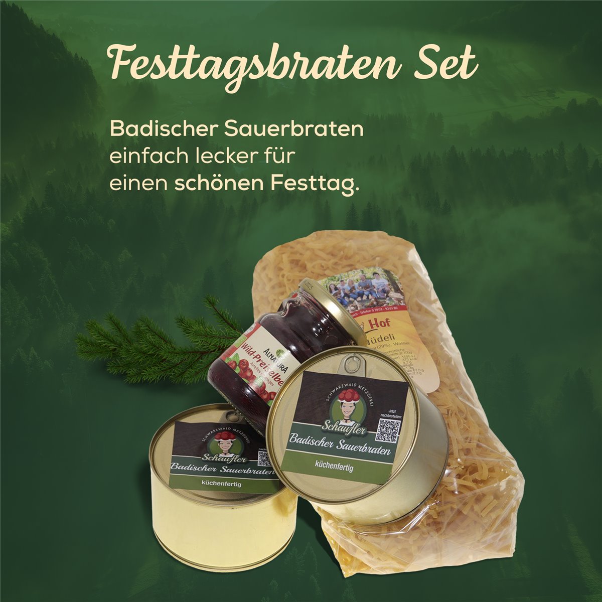 Festtagsbraten-Set: Badischer Sauerbraten - 800g Rinderbraten,Nudeln,Preiselbeeren
