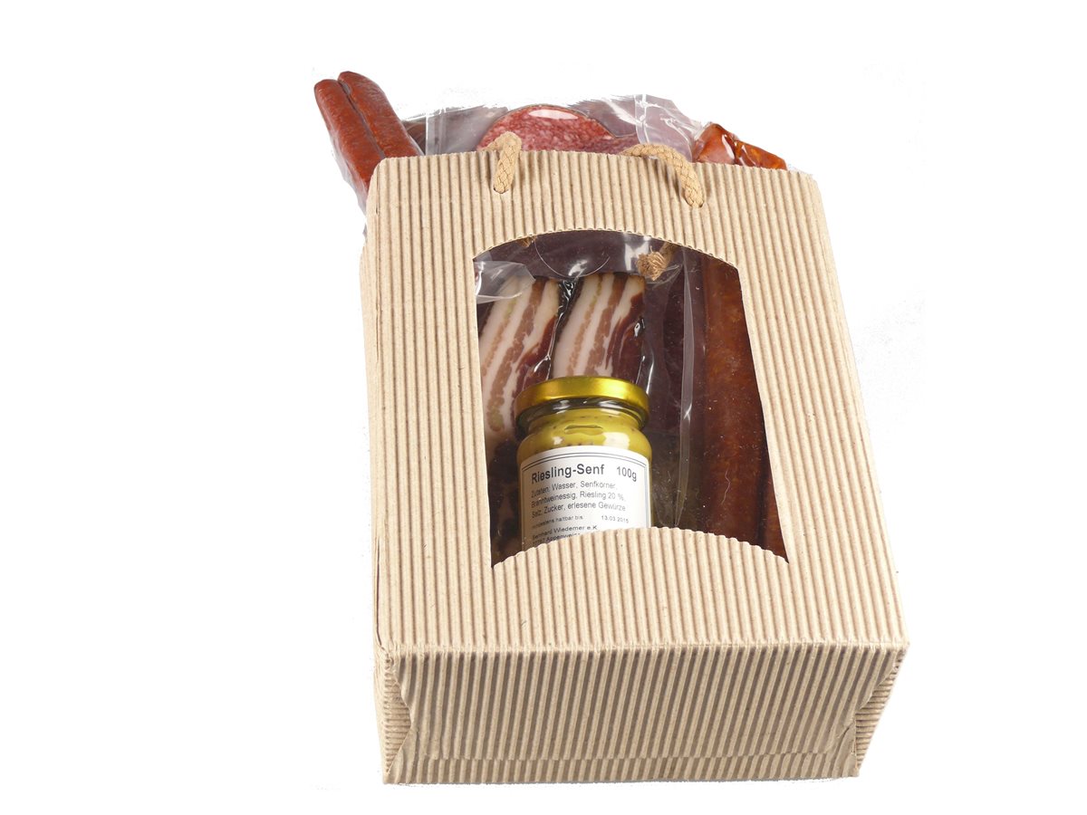 Schwarzwälder Shopping Täschle - "Imbiss" Geschenkkorb mit Schinken, Bauernwürste, Landjäger, Salami 
