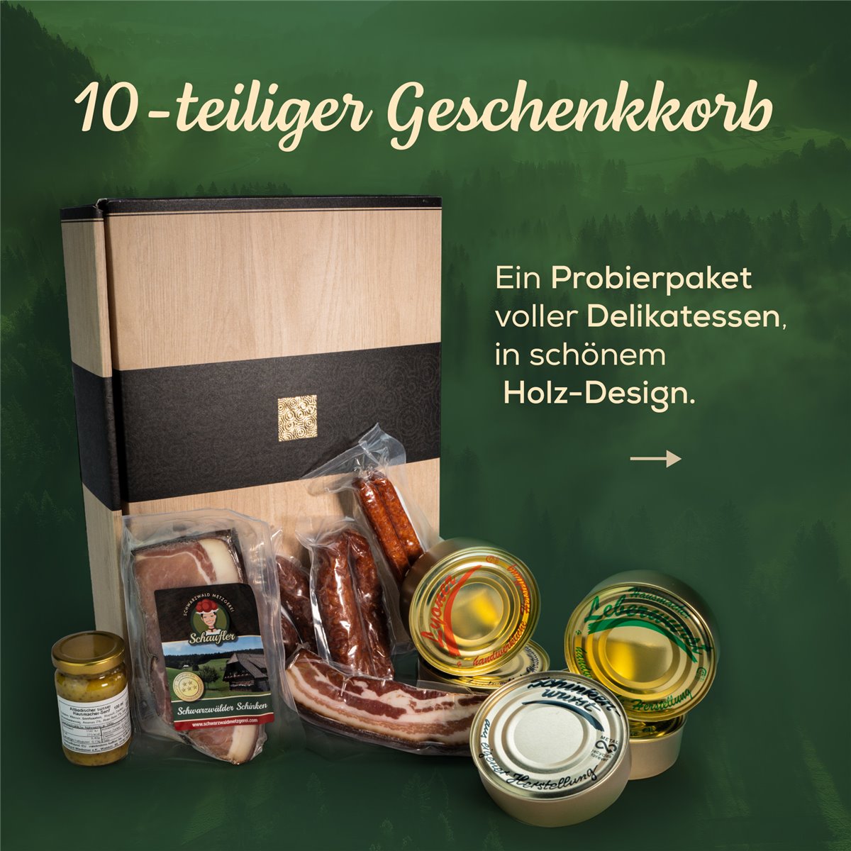 Dosenwurst und meeeeehr - toller Geschenkkorb mit Dosen, Schinken, Landjäger, Bauernwürste und Senf
