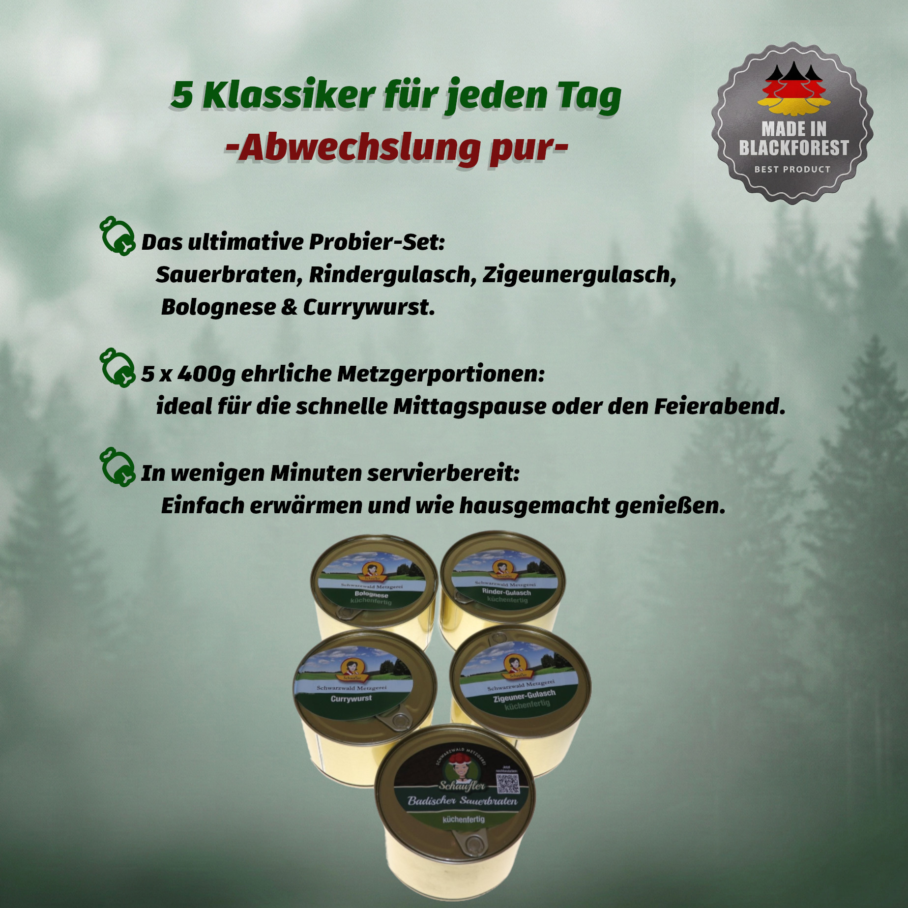 5er Set Fertiggerichte - küchenfertig - Fertigessen | 5 x 400g Dosen