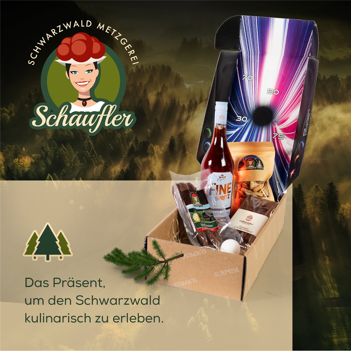 SURPRISE SPRITZ-PONG – 6-teiliger Präsentkorb: alkoholfreier Orange Aperitivo und Partyspiel
