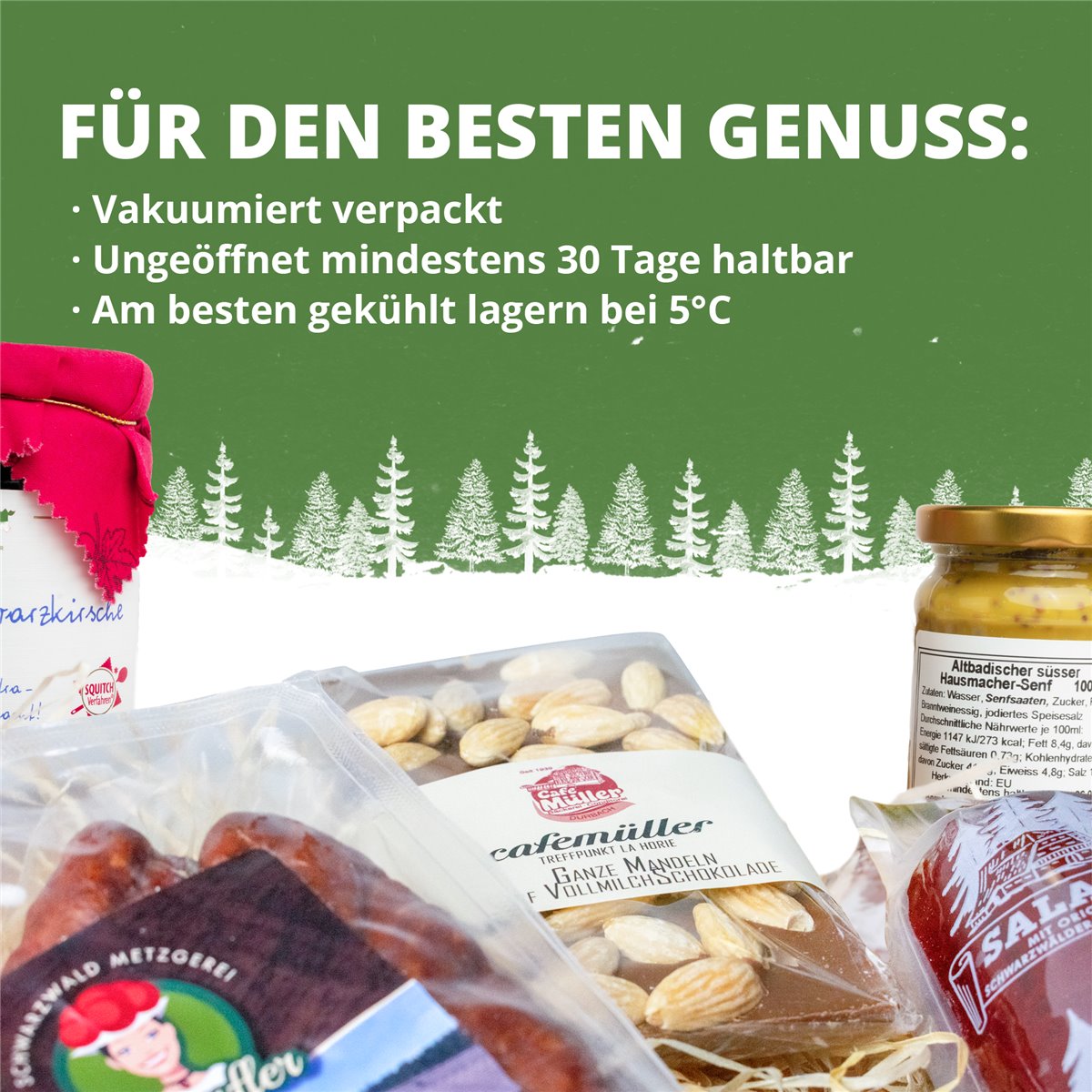 Schwarzwald Metzgerei "MARIE" Präsentkorb - Würsten, Marmelade, Senf, Schokolade, Schinken und Salami - 6 teilig 
