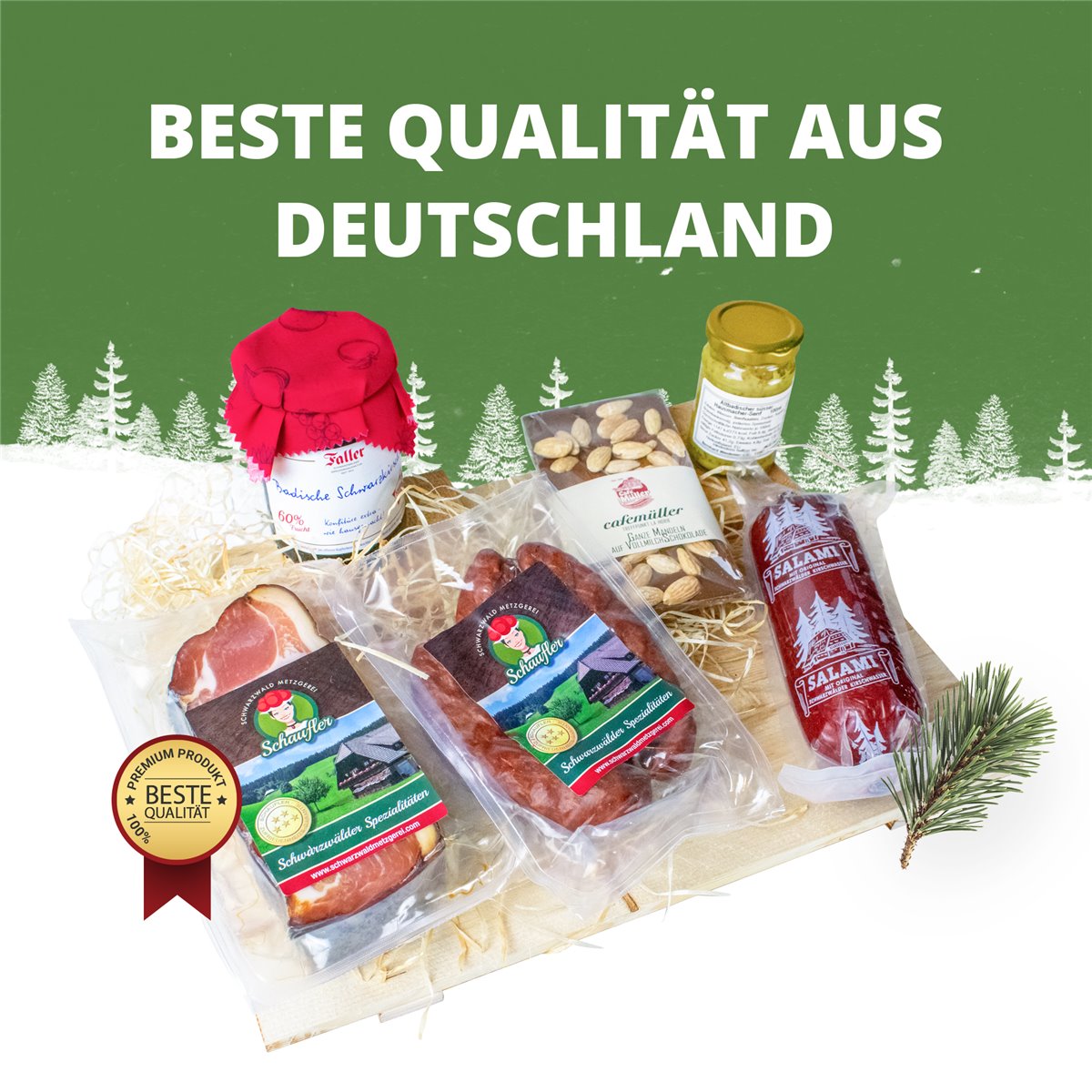 Schwarzwald Metzgerei "MARIE" Präsentkorb - Würsten, Marmelade, Senf, Schokolade, Schinken und Salami - 6 teilig 
