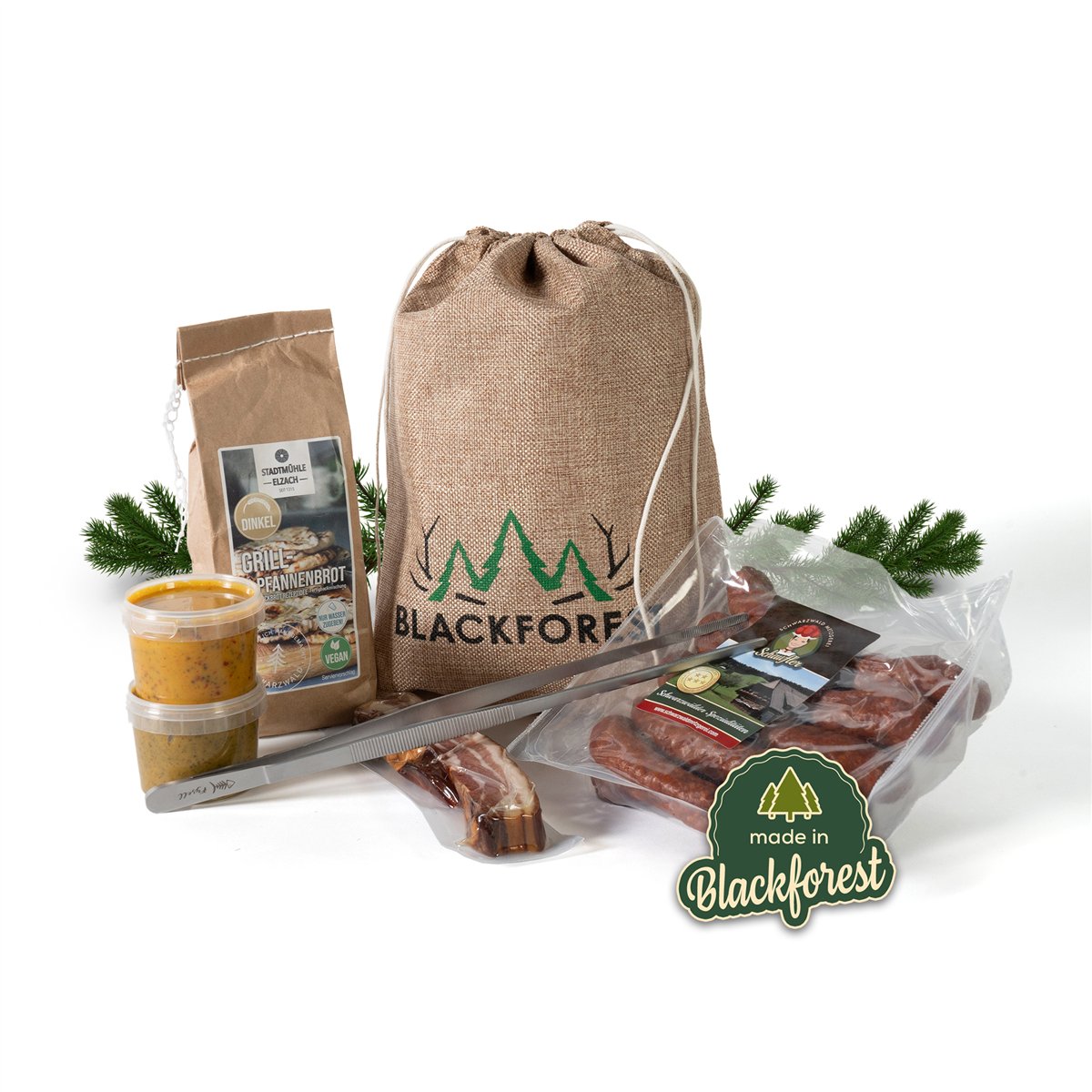 Grill-Set im Jutesäckle – 7-teiliger Präsentkorb mit Grillzange, Dips & herzhaften Spezialitäten
