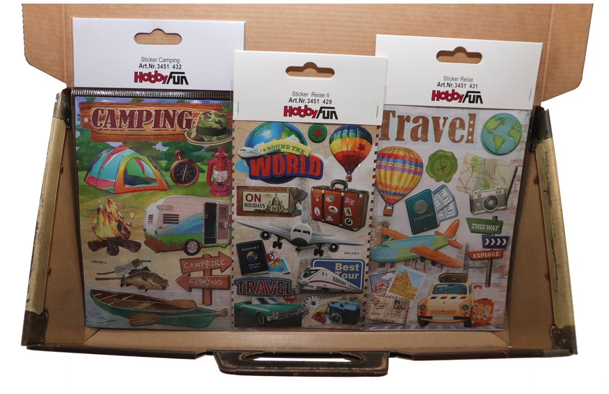 Trage Karton in Holzoptik "Koffer mit Stickerset" - WK 2er - Geschenk - Gepäckaufkleber - Sticker - Reise 
