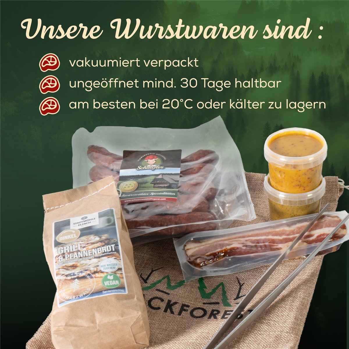 Grill-Set im Jutesäckle – 7-teiliger Präsentkorb mit Grillzange, Dips & herzhaften Spezialitäten
