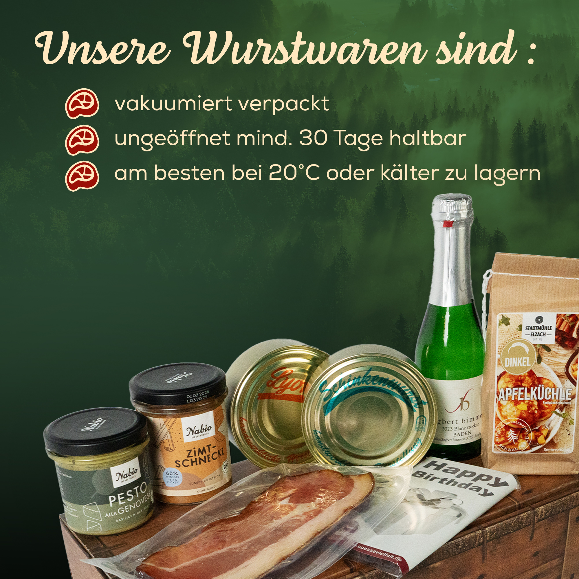 Zum Geburtstag - Kulinarisches Präsent mit Schokolade, Aufstrich, Wurst & Sekt 
