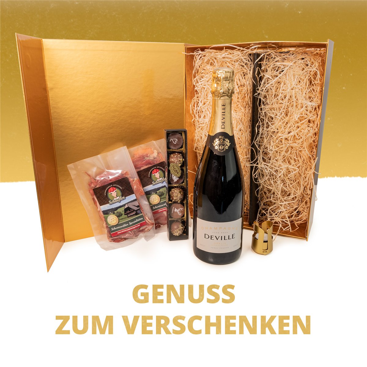 BLACKFOREST x CHAMPAIGN: Blanc de Blanc Champagner mit Pralinen und Schinken in edler Geschenkbox 
