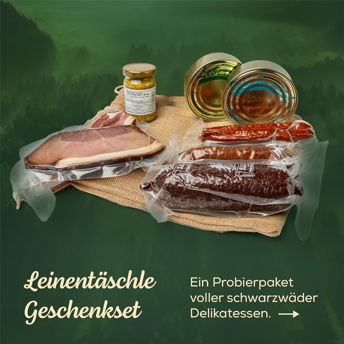 Geschenkkorb – im Leinentäschle – 9-teiliger Präsentkorb mit leckeren & herzhaften Wurstspezialitäten
