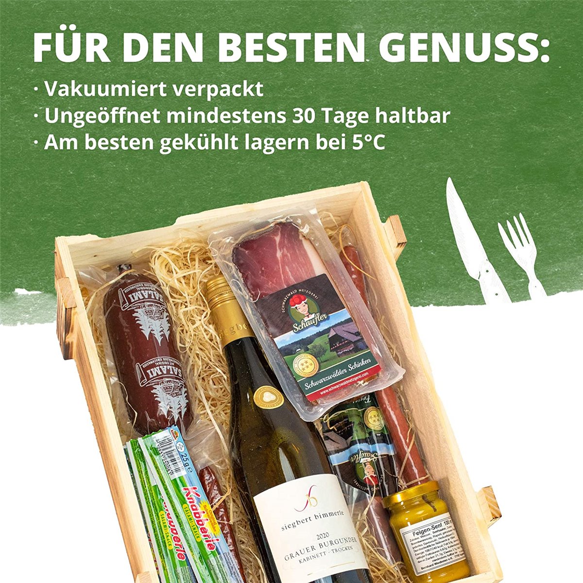 Schwarzwald Holzkiste - Wein in Kiste mit Wurst und Schinkenspezialitäten
Schwarzwald Holzkiste - Wein in Kiste mit Wurst und Schinkenspezialitäten