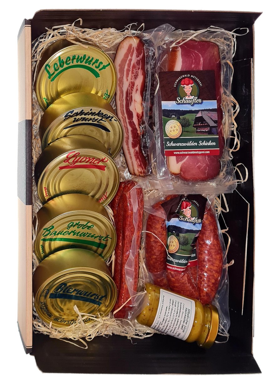 Dosenwurst und meeeeehr - toller Geschenkkorb mit Dosen, Schinken, Landjäger, Bauernwürste und Senf
Dosenwurst und meeeeehr - toller Geschenkkorb mit Dosen, Schinken, Landjäger, Bauernwürste und Senf