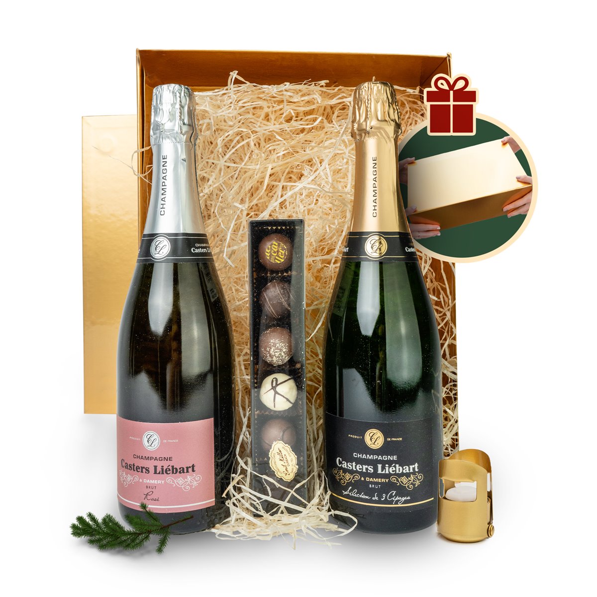 DUO CHAMPAGNER - Geschenkkorb mit Schokolade in edler GOLD Magnetbox 

