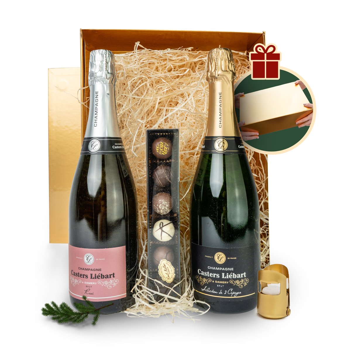 DUO CHAMPAGNER - Geschenkkorb mit Schokolade in edler GOLD Magnetbox
