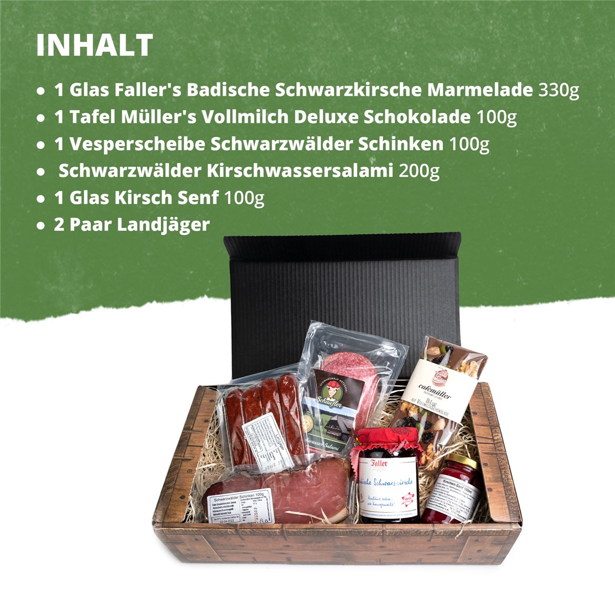 Kirschkiste - Schlemmergeschenk mit Kirschmarmelade, Kirschsenf, Kirschwassersalami 6-teilig
