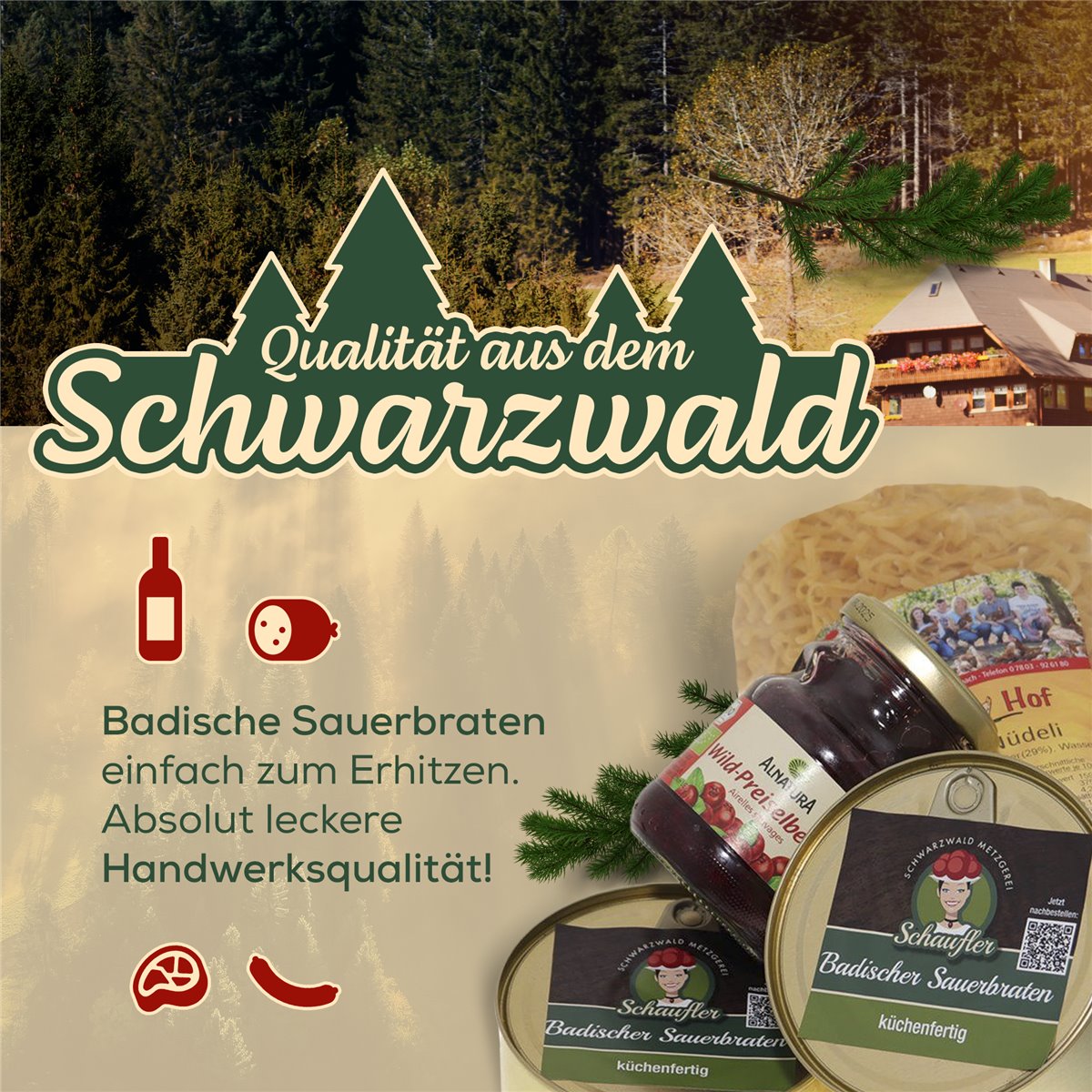 Festtagsbraten-Set: Badischer Sauerbraten - 800g Rinderbraten,Nudeln,Preiselbeeren
