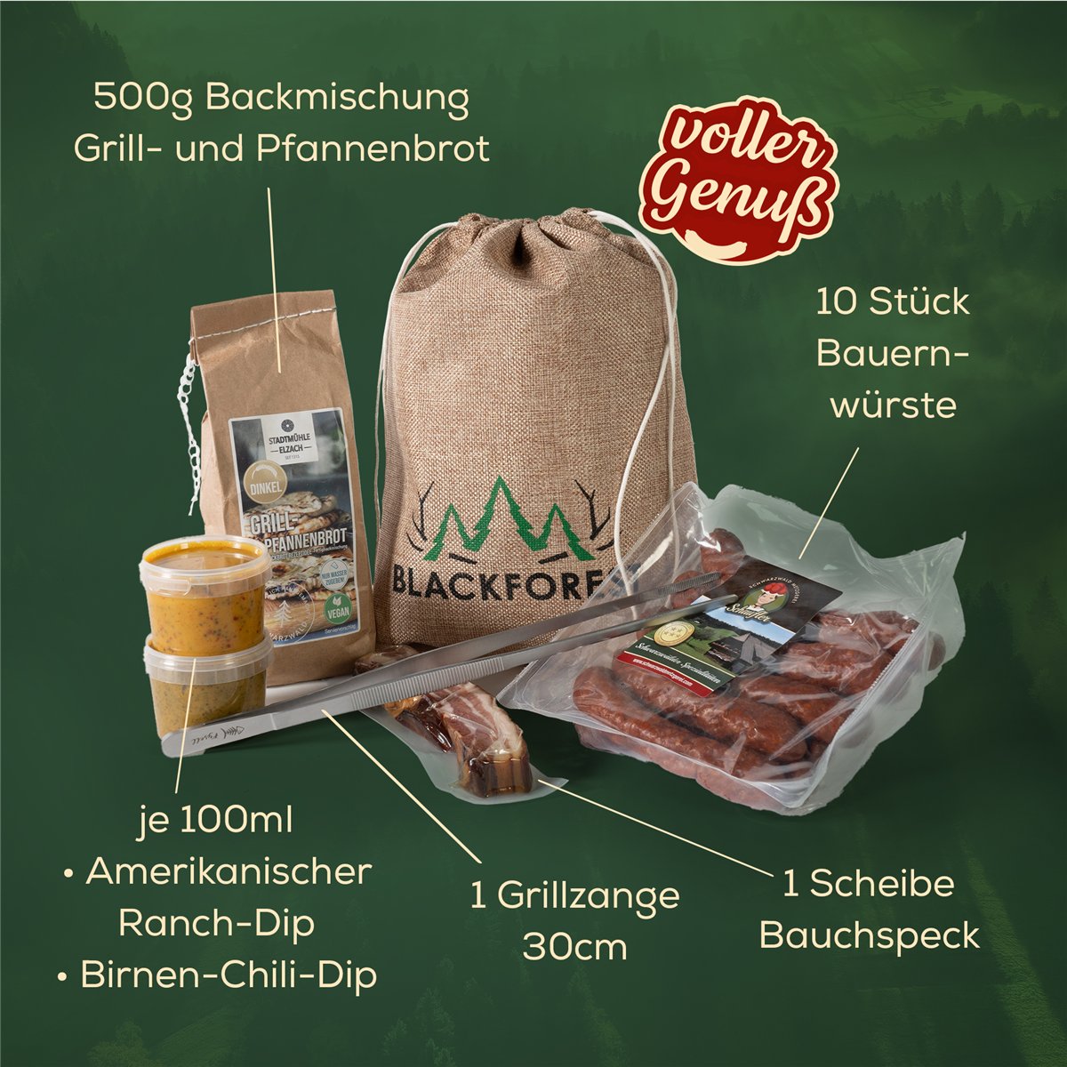 Grill-Set im Jutesäckle – 7-teiliger Präsentkorb mit Grillzange, Dips & herzhaften Spezialitäten
