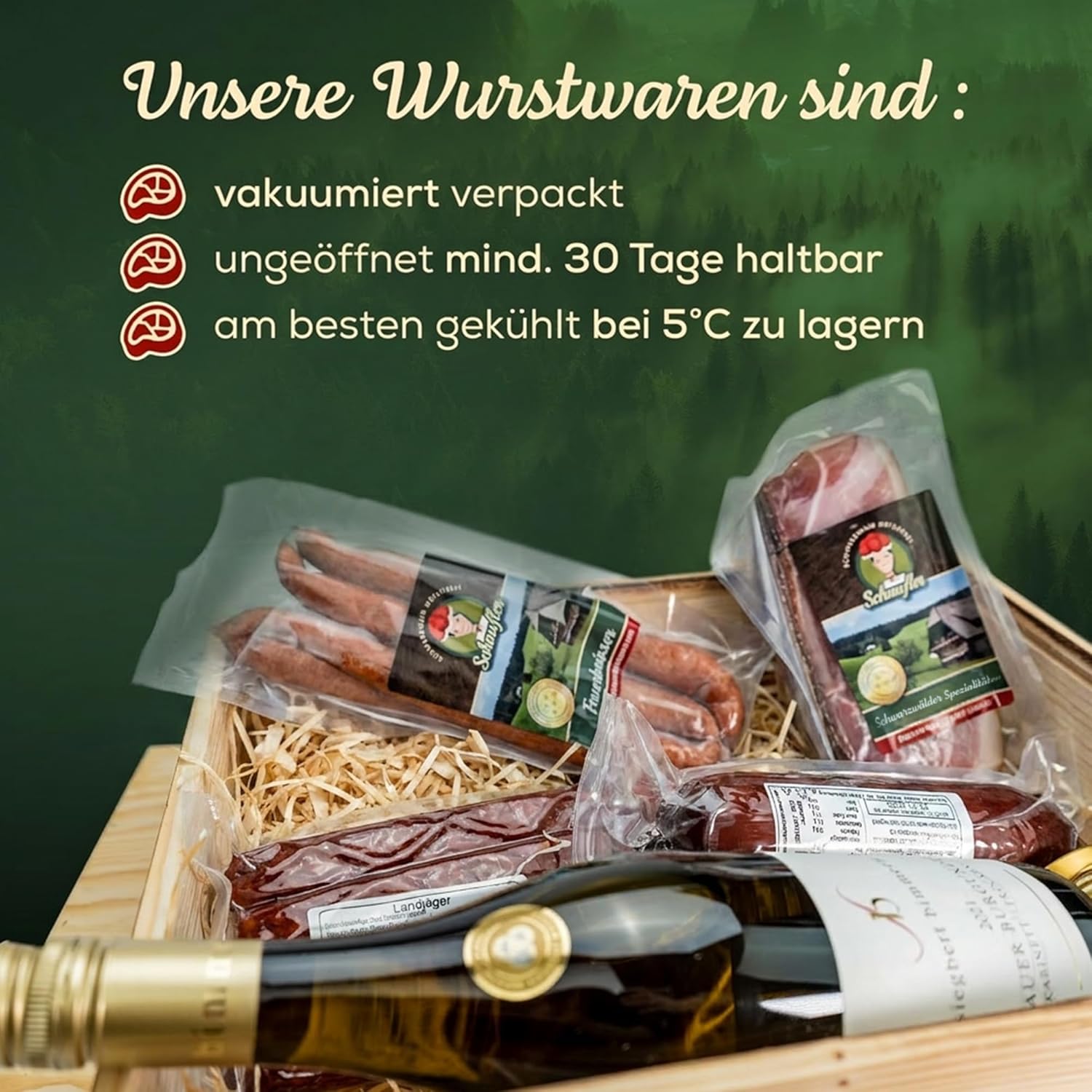 Schwarzwald Holzkiste - Wein in Holz-Kiste mit Wurst und Schinkenspezialitäten - 7-teilig