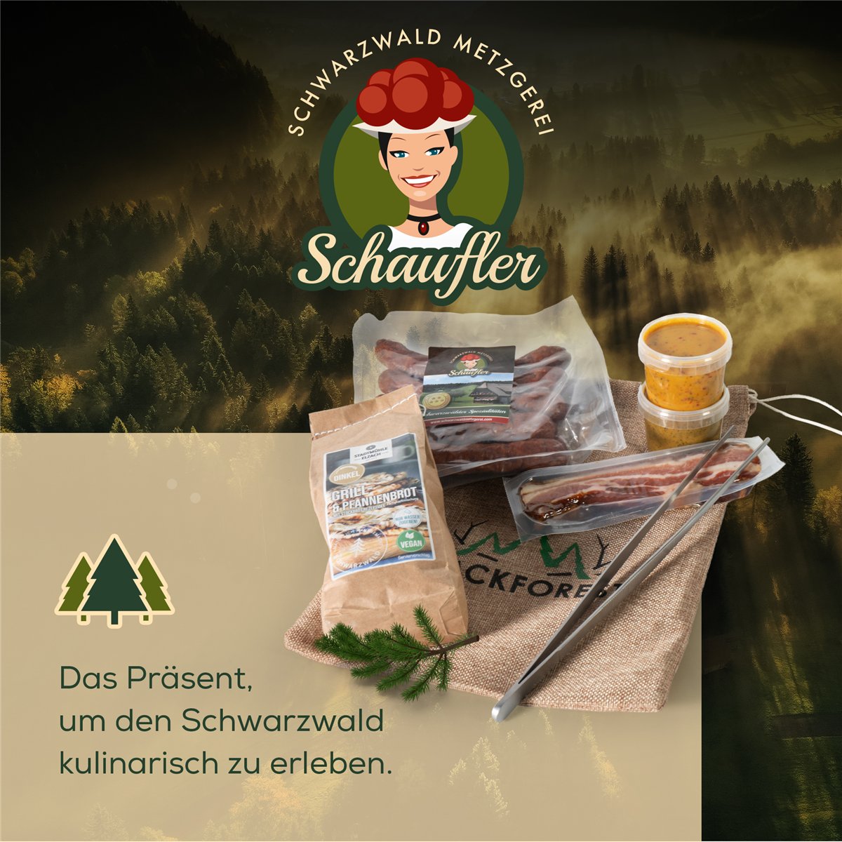 Grill-Set im Jutesäckle – 7-teiliger Präsentkorb mit Grillzange, Dips & herzhaften Spezialitäten
