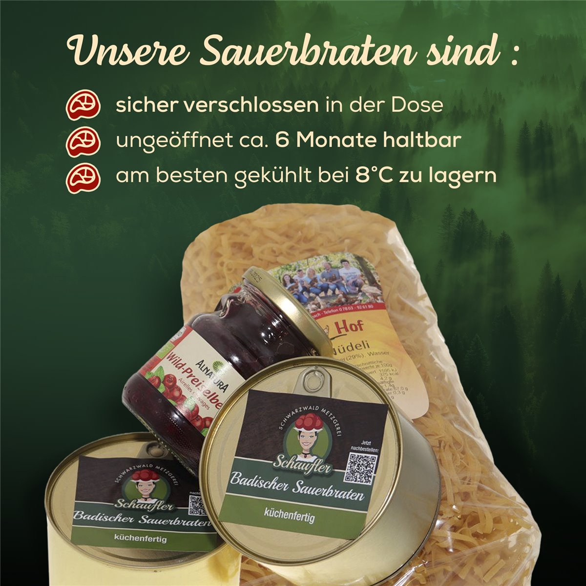 Festtagsbraten-Set: Badischer Sauerbraten - 800g Rinderbraten,Nudeln,Preiselbeeren
